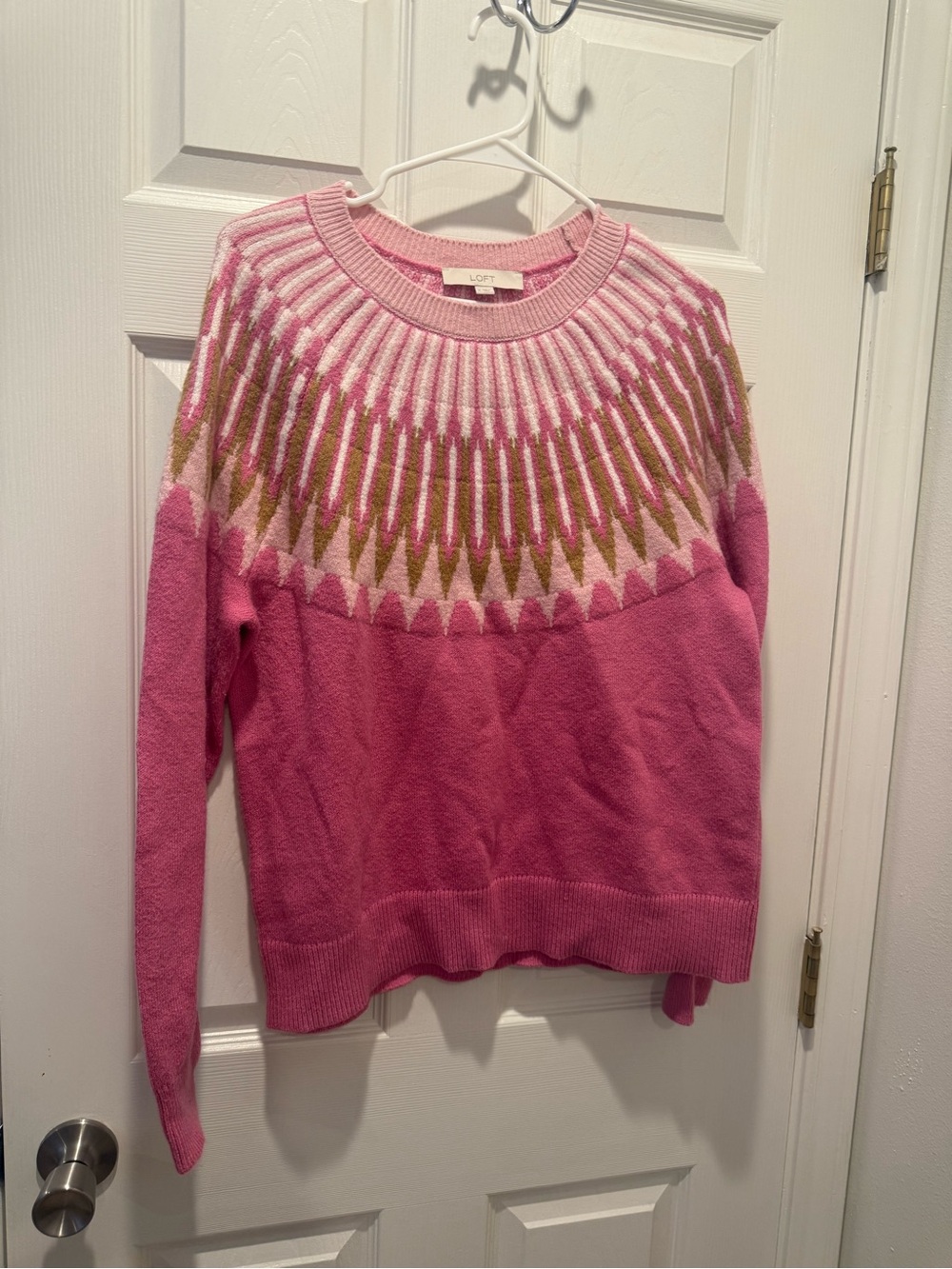 LOFT Pink Crew Neck Sweater with Patterned Yoke